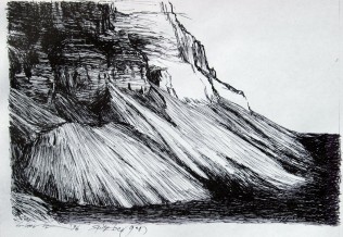 'Spitzbergen-Fjord', Zeichnung Tintenstift, 20x30
